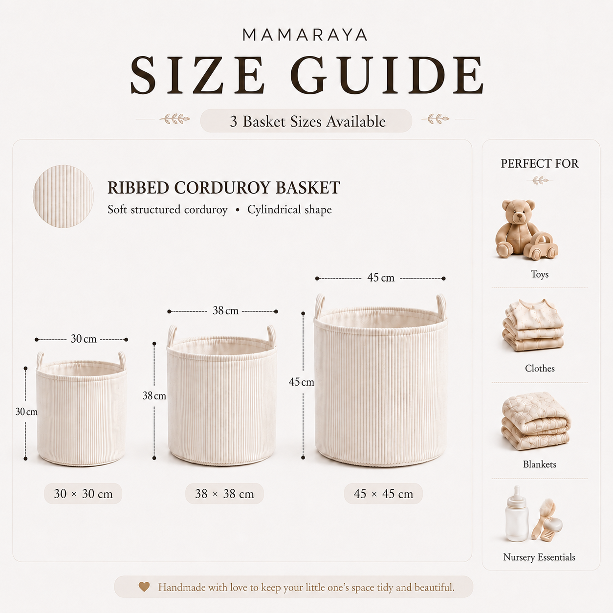 MamaRaya Personalized Corduroy Storage Basket Size Chart