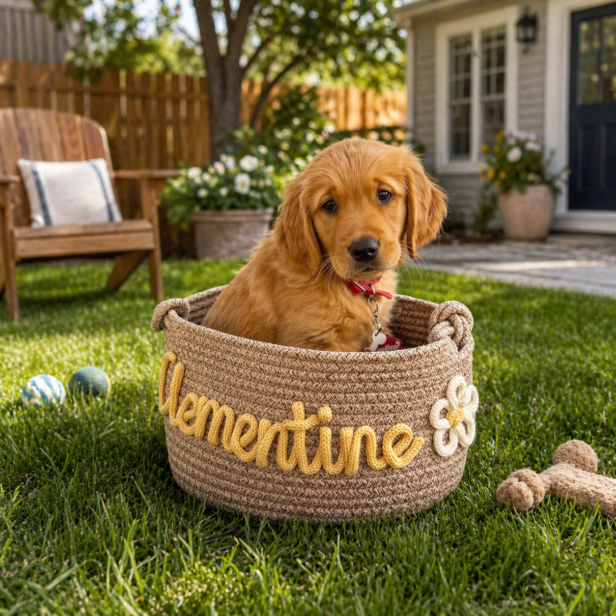 Custom name dog toy basket handmade from soft cotton rope
