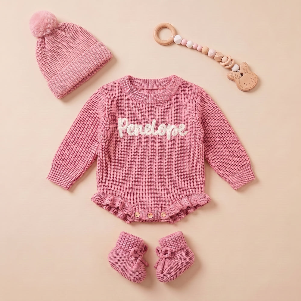 Mamaraya Custom Baby Girl Ruffle Sweater Beanie Socks Set