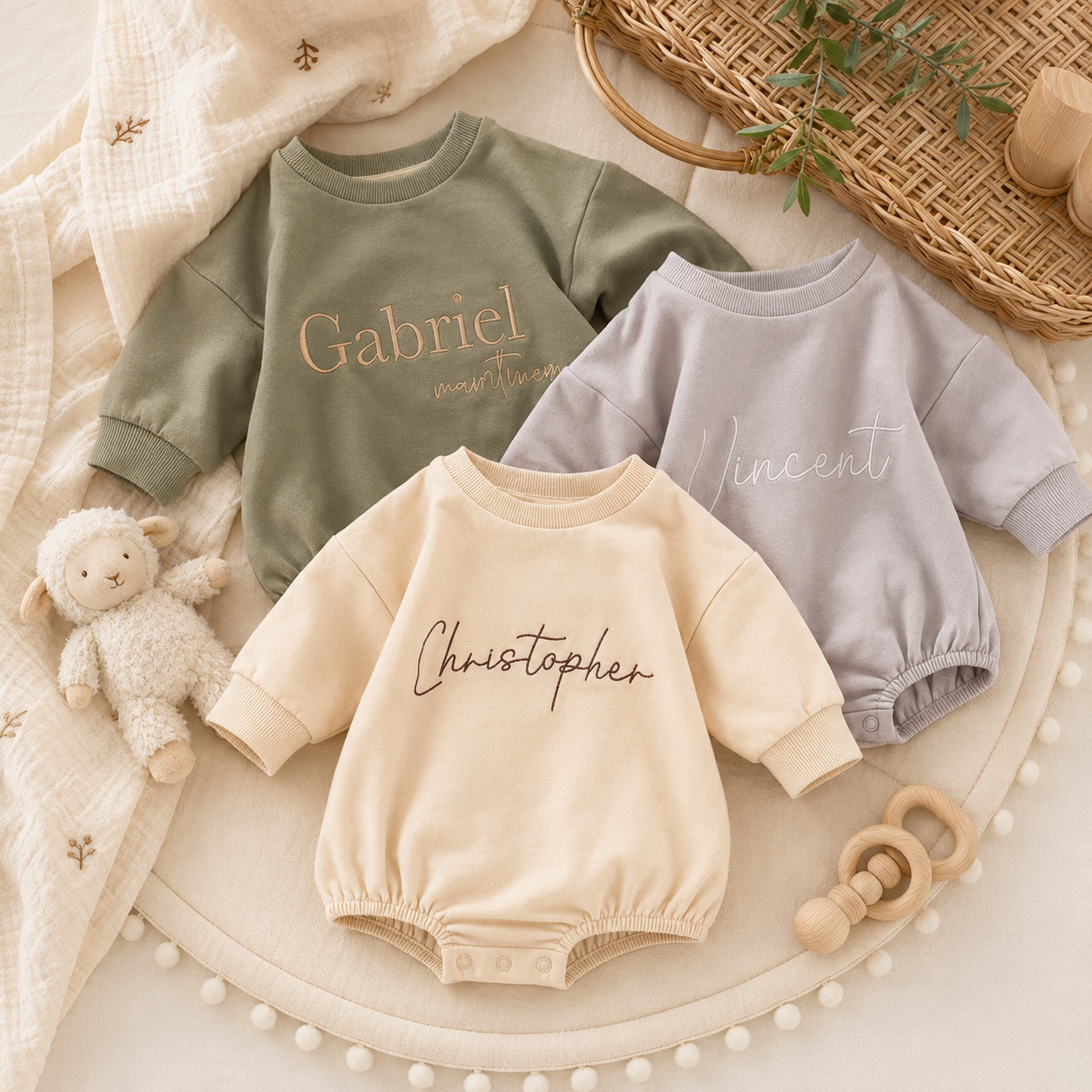 Personalized baby romper snap closure and soft cuff details