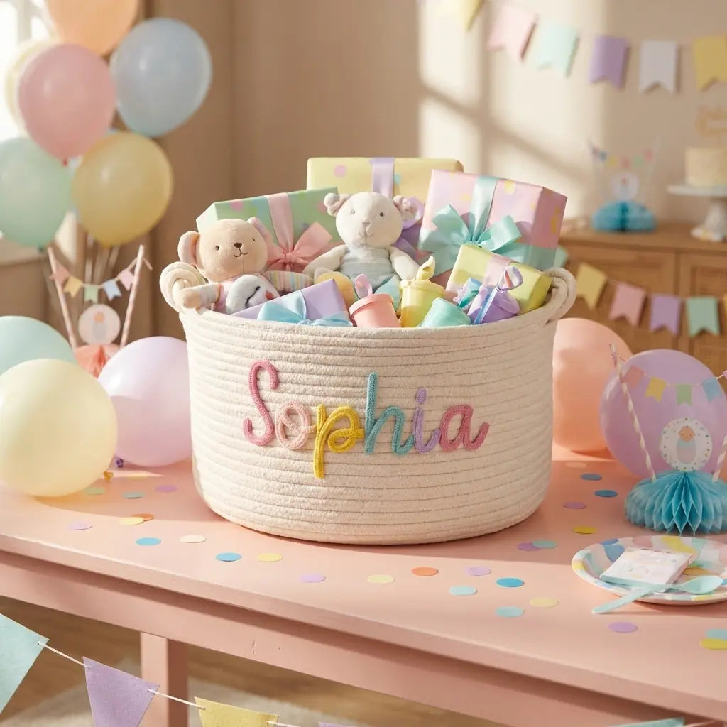 Personalized nursery storage basket with handmade custom name lettering