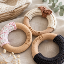 Crochet baby rattle size guide with wooden ring details