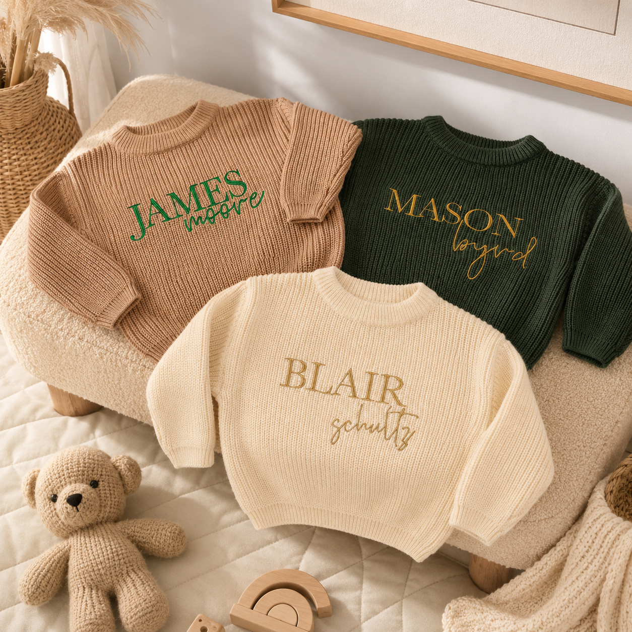 Custom baby name sweater with soft ribbed cuffs