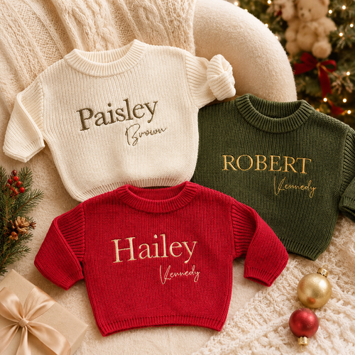 Custom name knit sweater with soft textured fabric