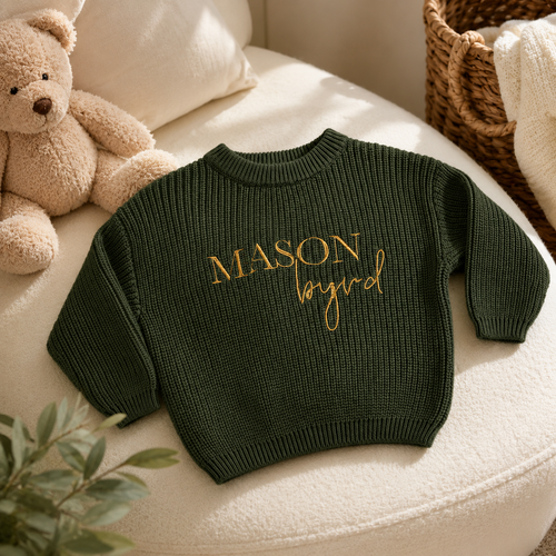 Baby knit sweater color options with custom embroidery