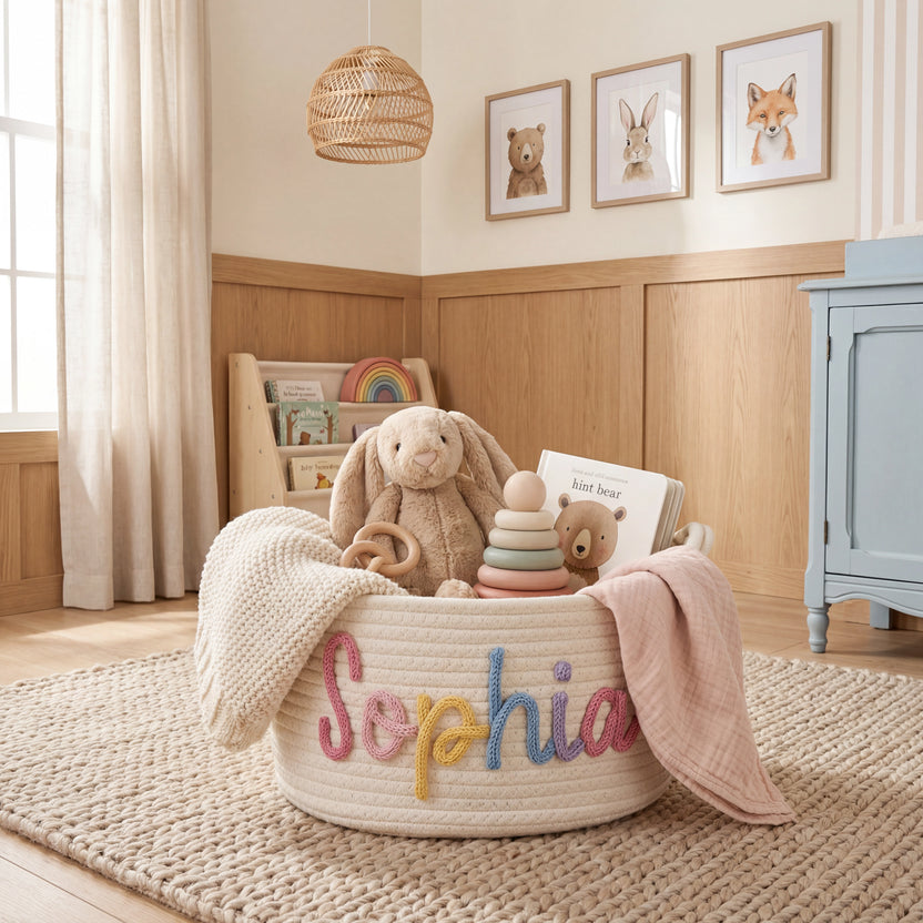 Personalized baby shower gift basket with colorful name letters
