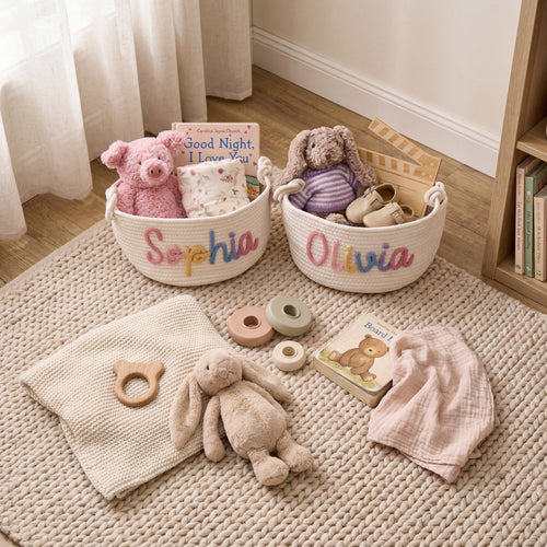 Custom Sophia baby basket with personalized knitted name lettering