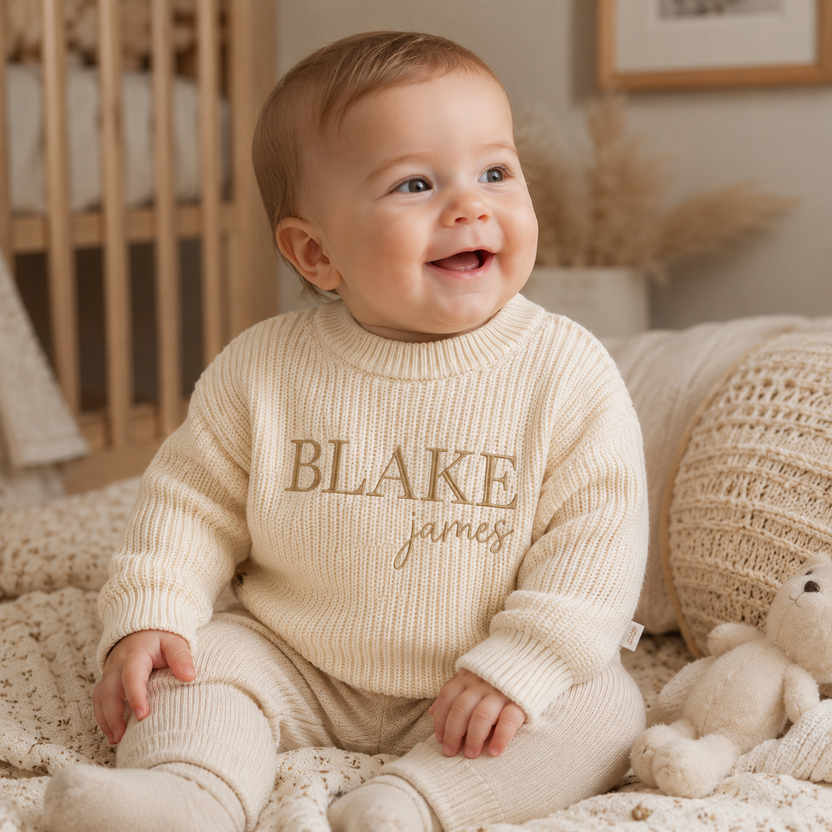MamaRaya personalized baby knit sweater with custom name embroidery for baby photos