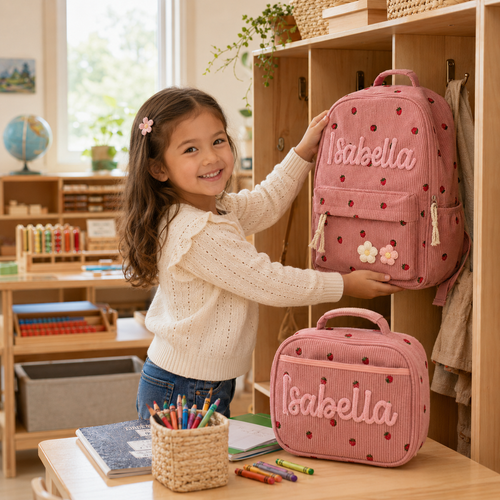 MamaRaya personalized pink kids backpack and lunch bag set with custom name