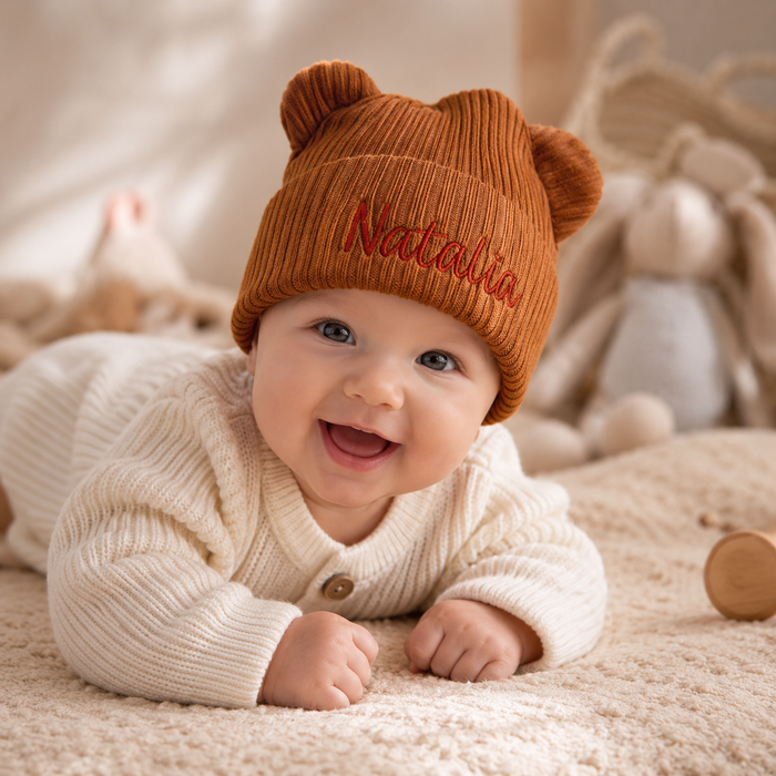 Personalized baby bear beanie with custom name