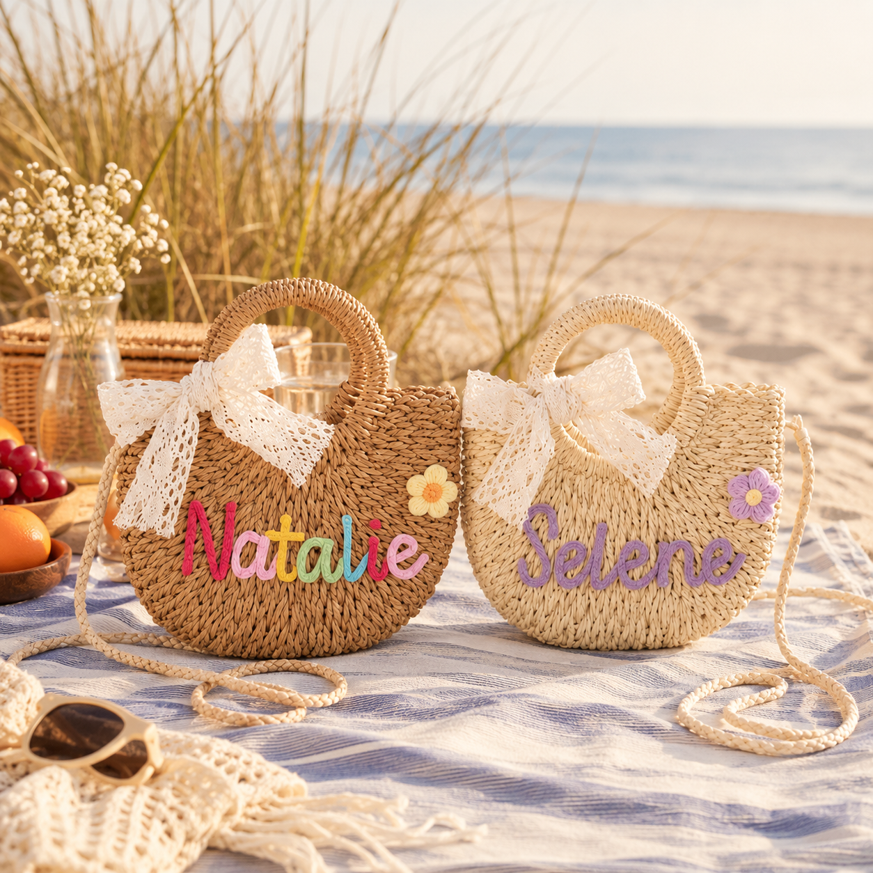 MamaRaya Personalized Kids Straw Beach Bag