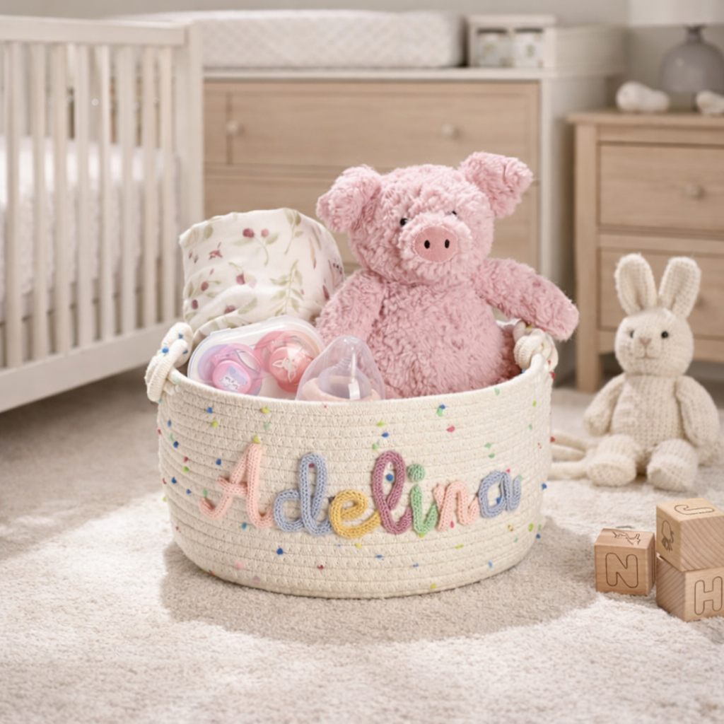 Custom name baby basket with plush toys for nursery decor