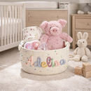 Custom name baby basket with plush toys for nursery decor