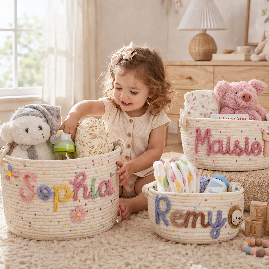 Handmade custom name baby basket for nursery playroom organization
