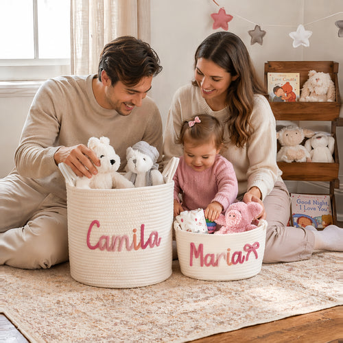 Custom name baby shower gift baskets handmade for newborns and toddlers