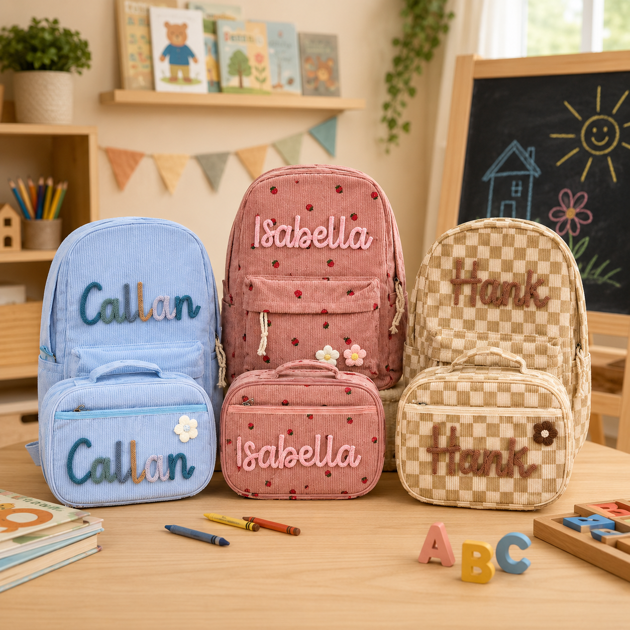 Personalized kids backpack and lunch bag set in a back to school classroom scene