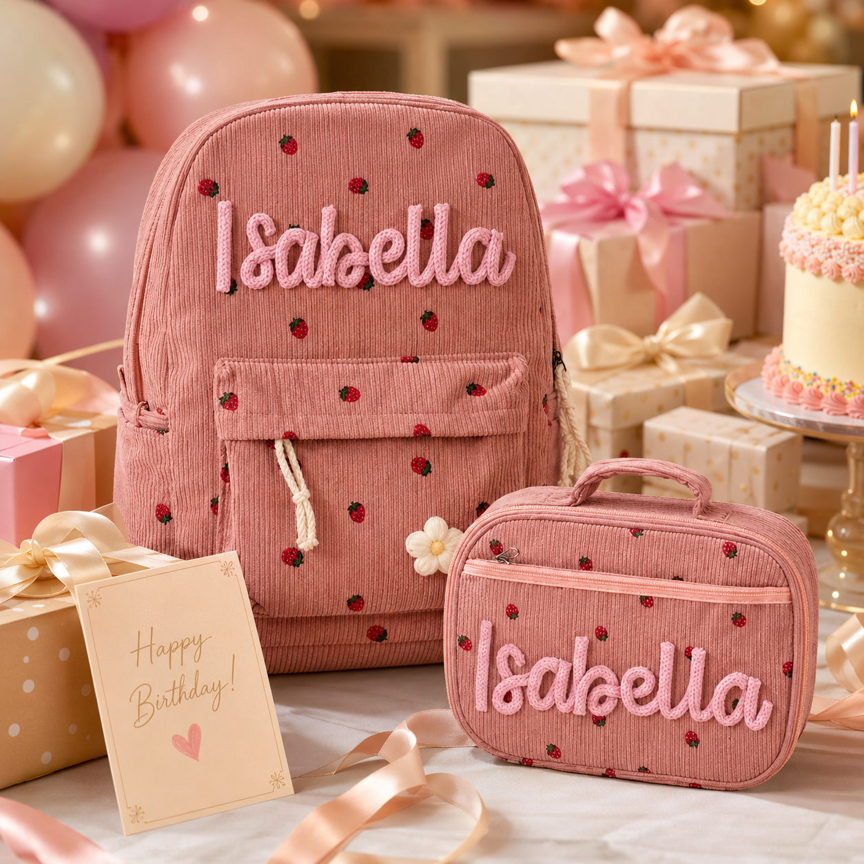 Personalized pink backpack and lunch bag set as a birthday gift for kids