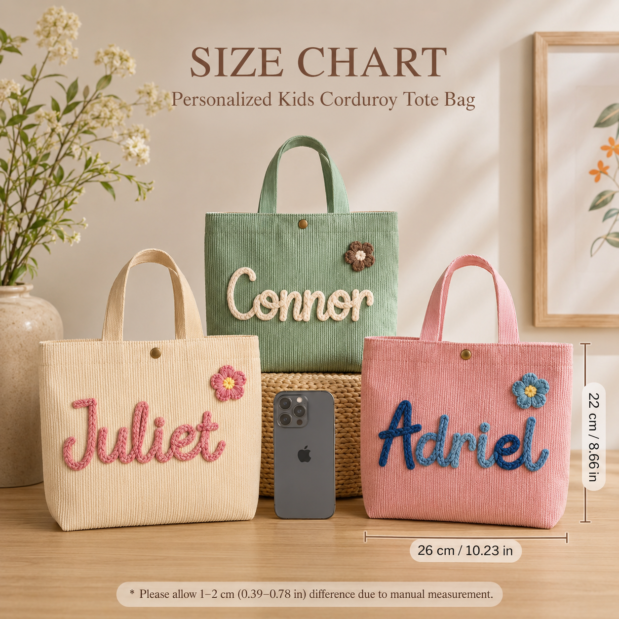 MamaRaya Personalized Corduroy Tote Bag for Kids