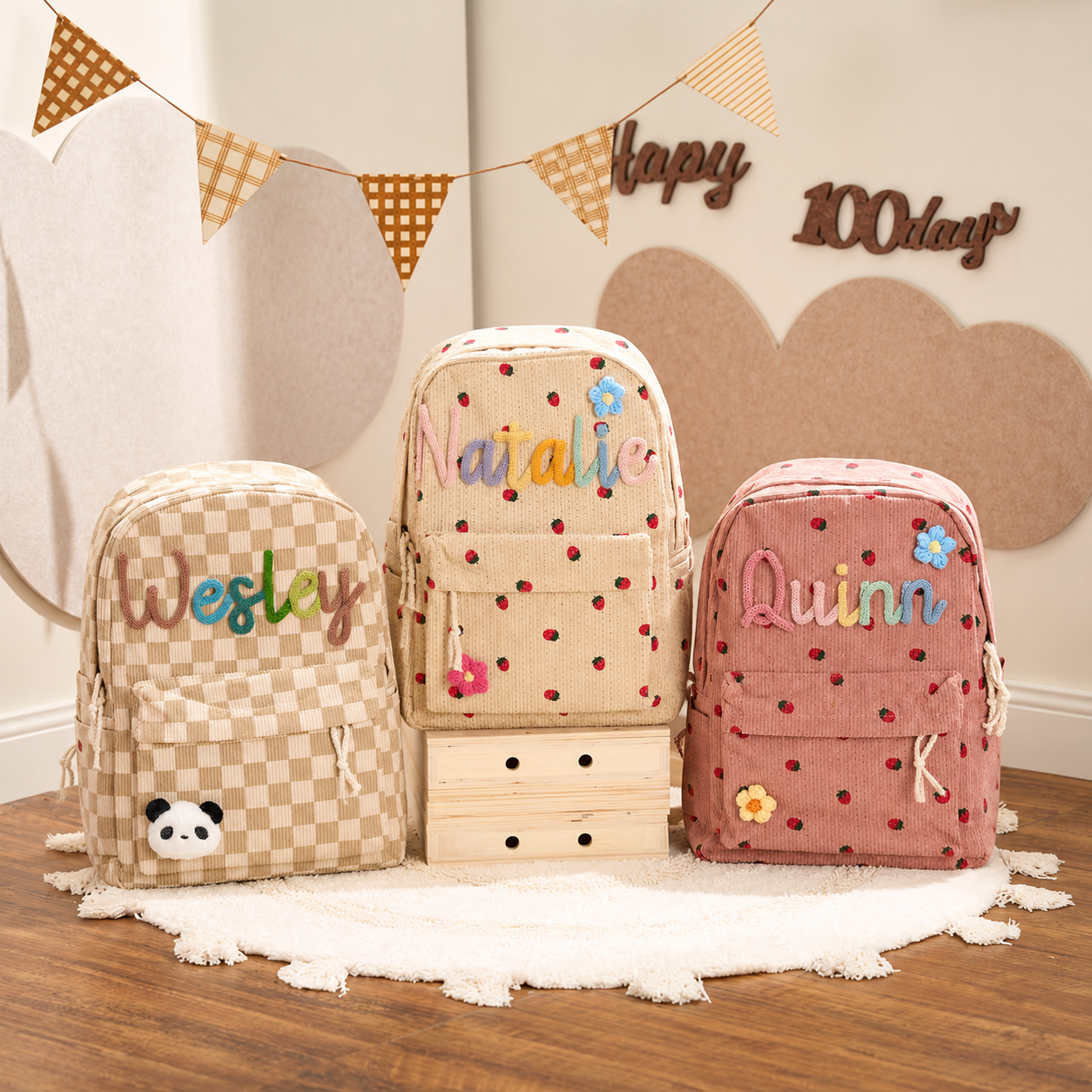 Personalized kids school bag with playful patterned corduroy fabric