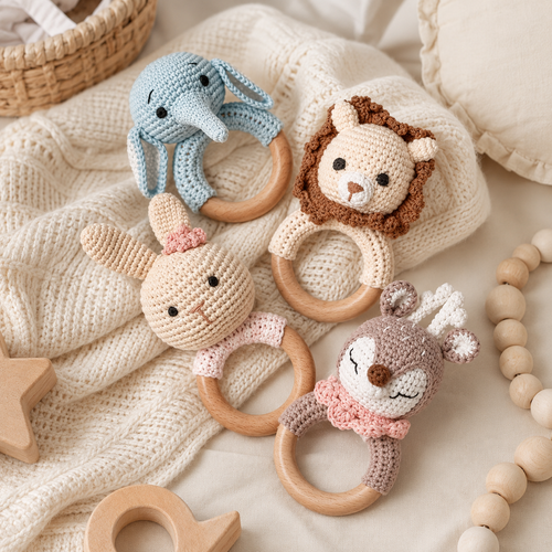 Crochet giraffe baby rattle for nursery keepsake