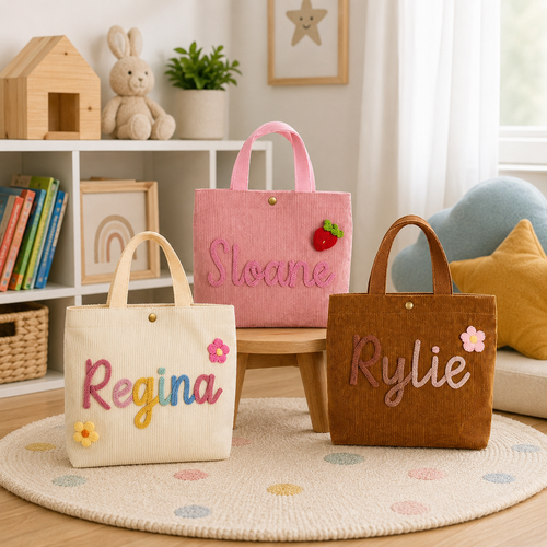 MamaRaya Personalized Corduroy Tote Bag for Kids
