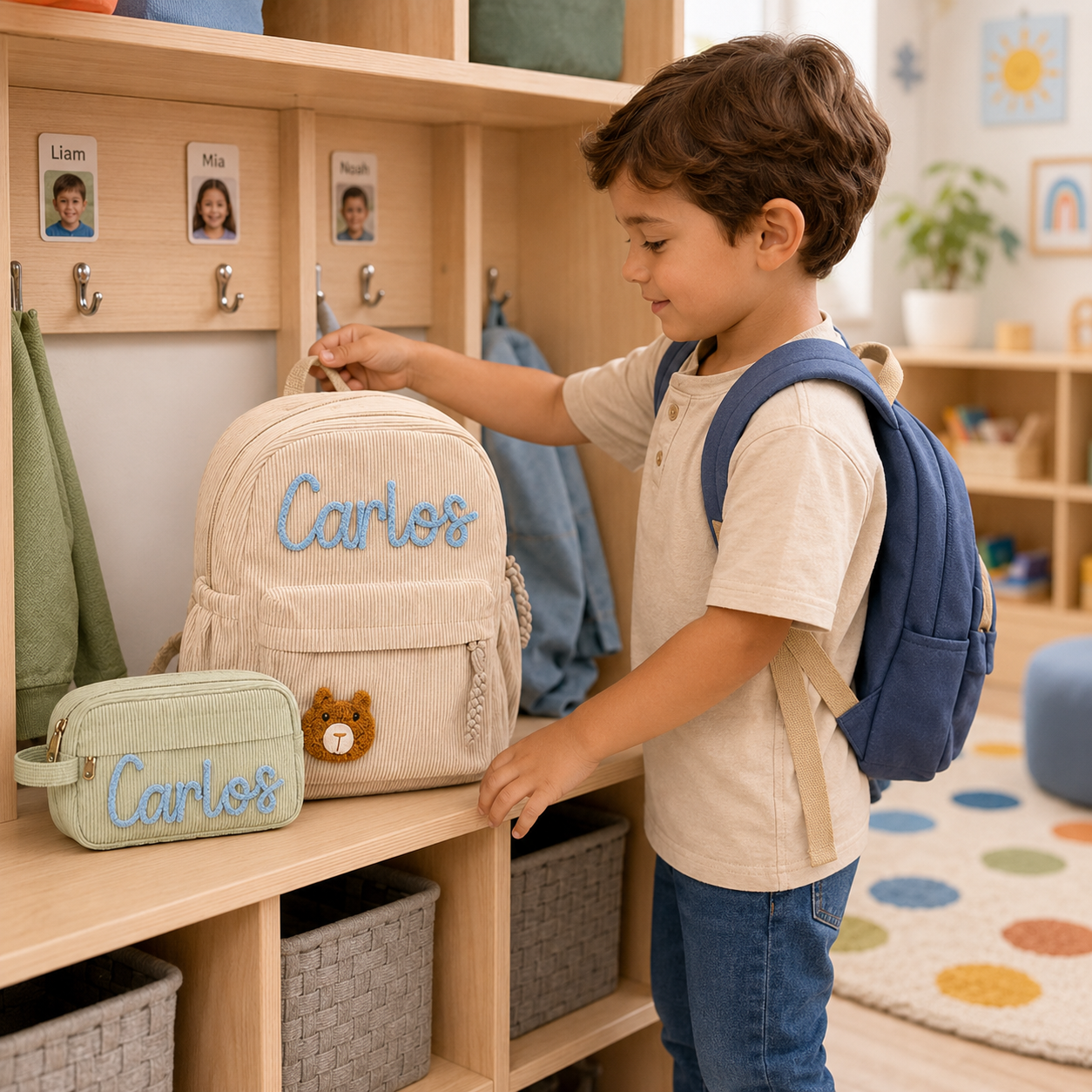 Personalized corduroy backpack and pencil case set with raised yarn name letters