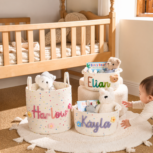 Custom name nursery baskets for baby room storage and decor