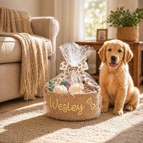 Personalized pet storage basket for dog toys blankets and treats