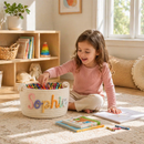 Handmade custom name basket with knitted yarn letters for babies