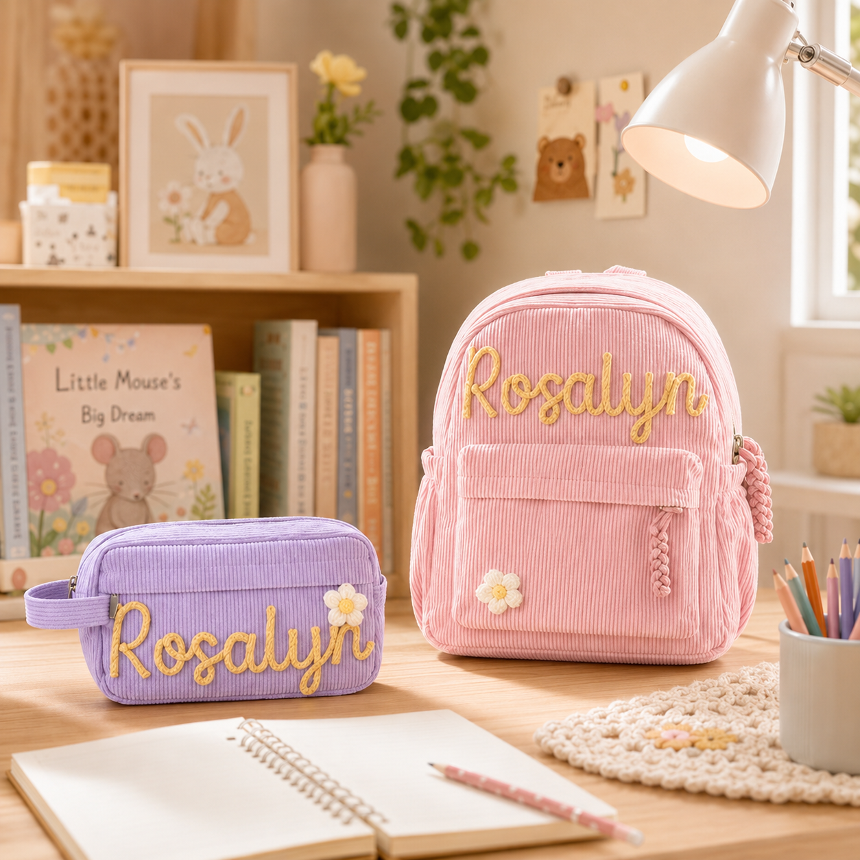 Custom name kids backpack and pencil case set for preschool and back to school