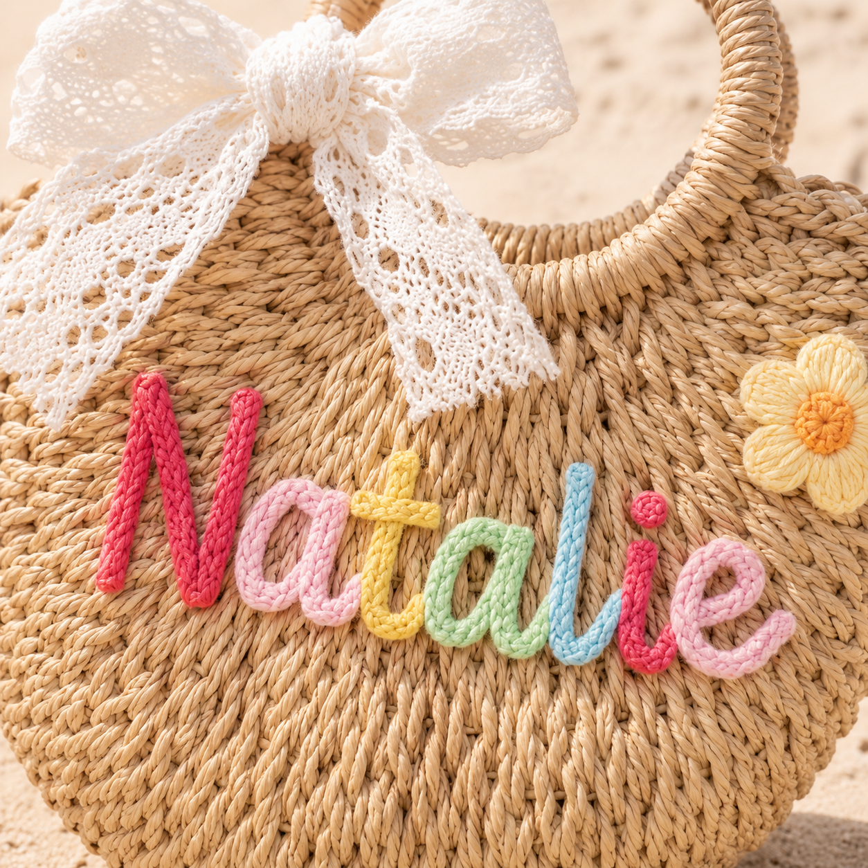 MamaRaya Personalized Kids Straw Beach Bag
