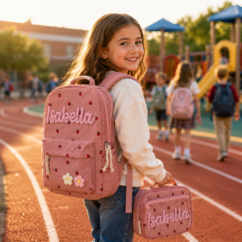 Personalized pink corduroy backpack and lunch bag set for back to school