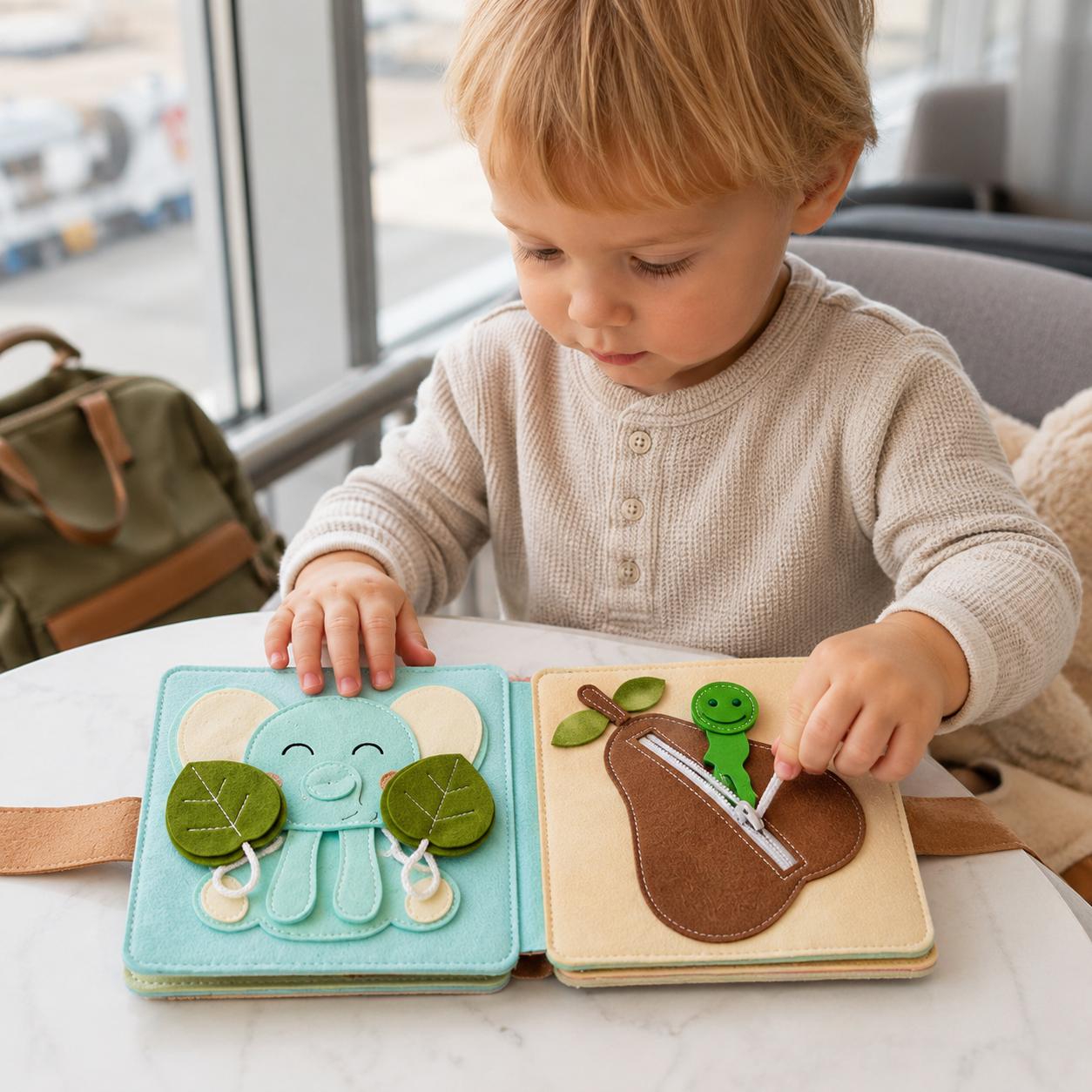 Toddler using personalized felt busy book with elephant and acorn activity pages