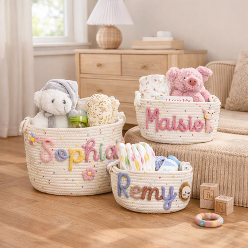 Personalized baby storage baskets with custom knitted name letters