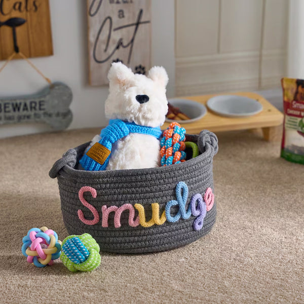 Personalized dog storage basket for toys balls and pet essentials