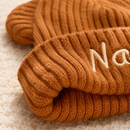 Baby bear beanie with custom name detail close up