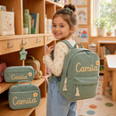 Personalized green corduroy school set with backpack lunch bag and pencil case