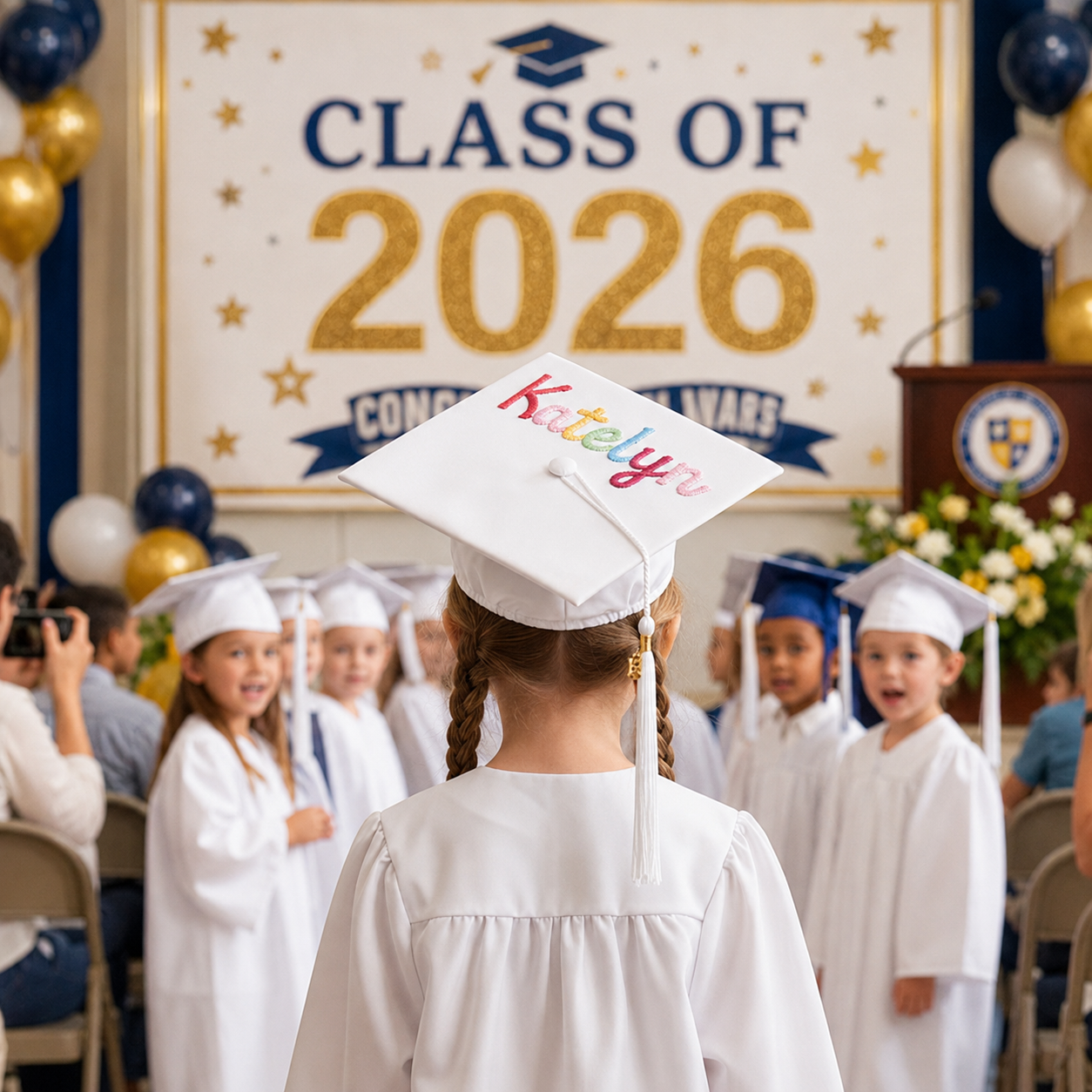 Kids graduation cap with custom name lettering close up