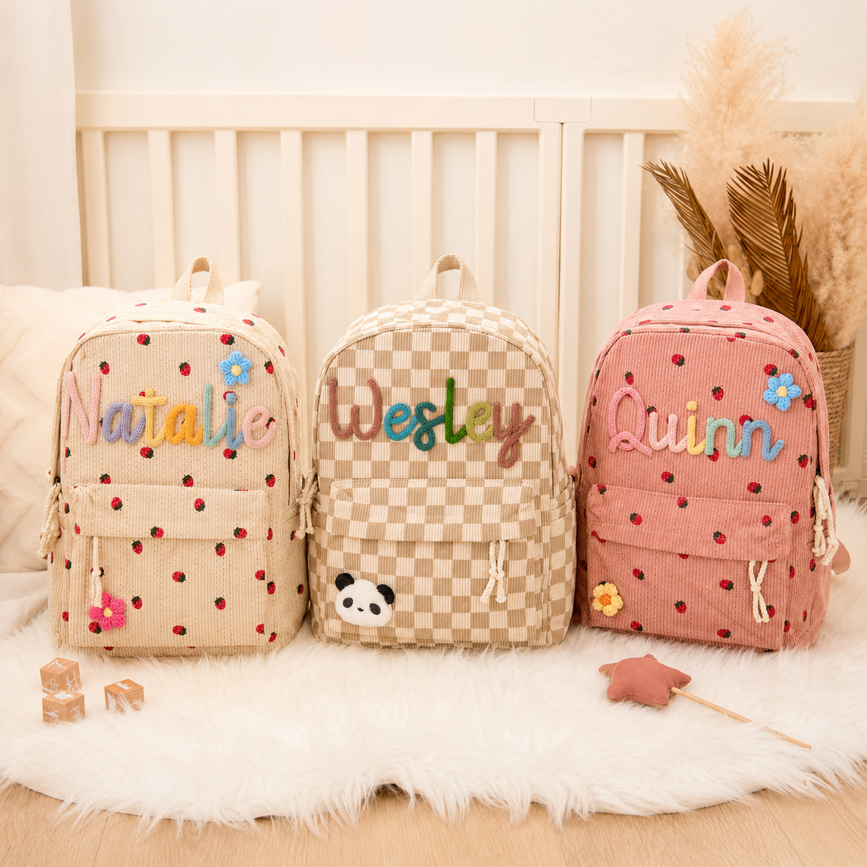 Personalized kids backpack with strawberry and checkerboard pattern options