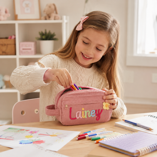 Kids corduroy pencil case with flower detail and zipper