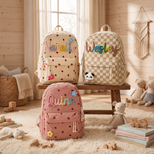 Personalized patterned corduroy backpack with custom name letters for kids