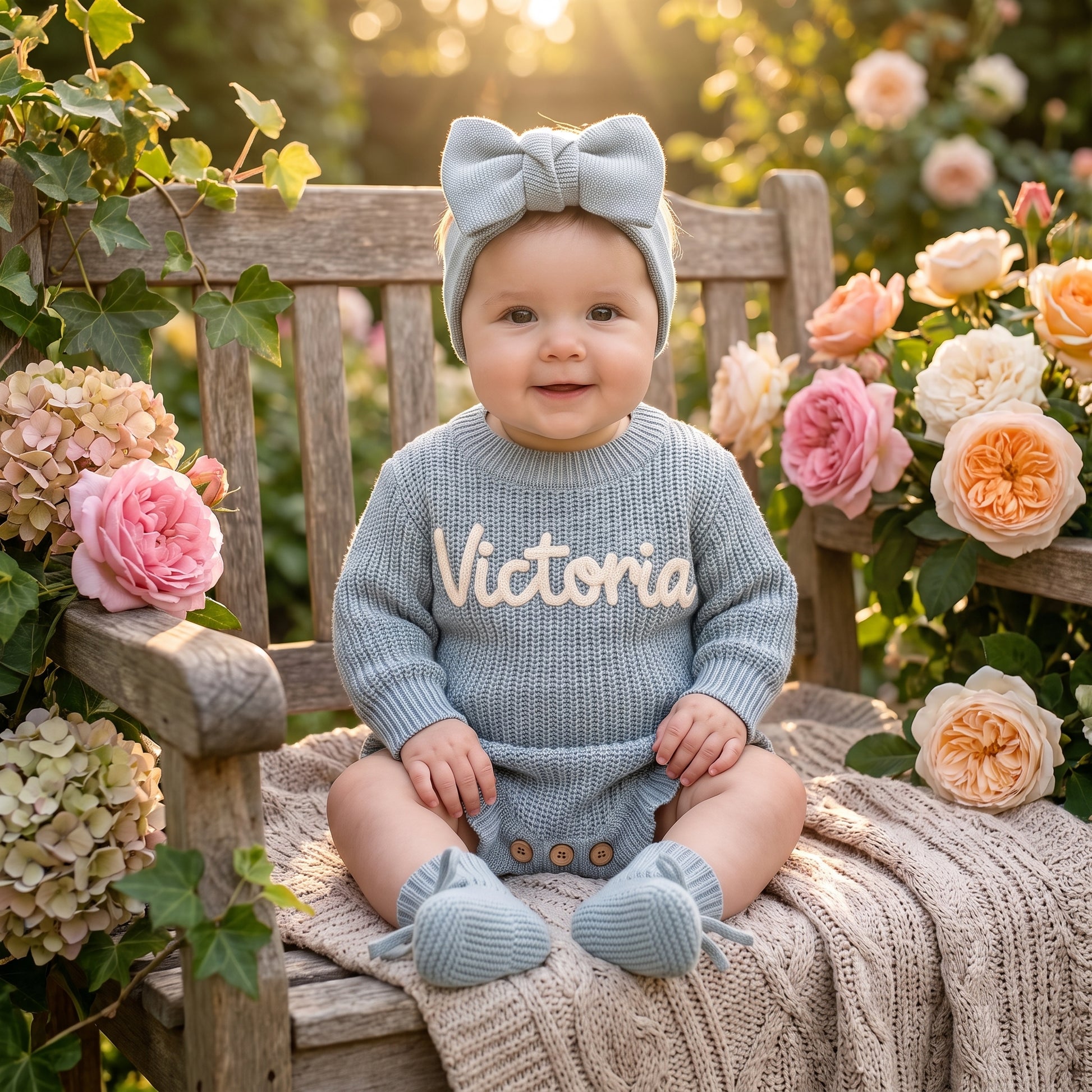 Mamaraya Personalized Knit Baby Girl Headband Sweater and Socks Set