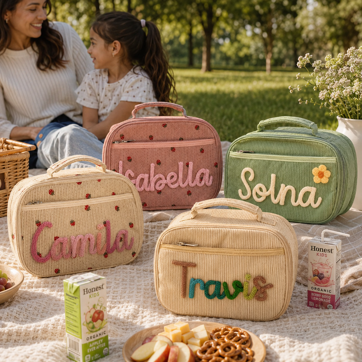 Kids lunch bag color options with custom name lettering