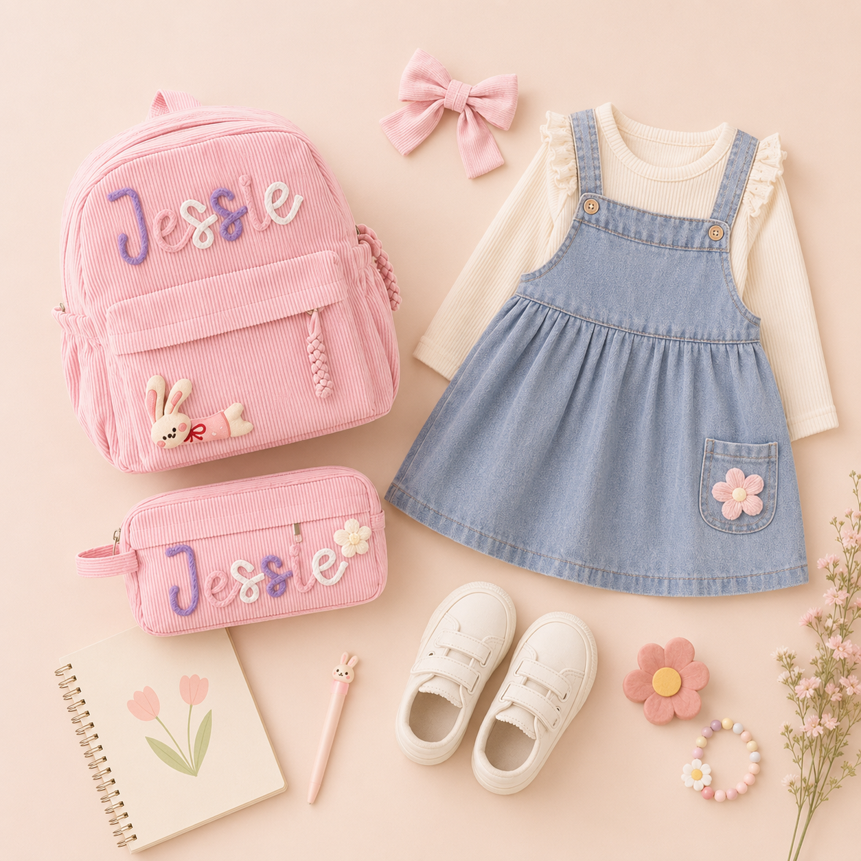 Personalized kids school backpack and pencil pouch with custom yarn name