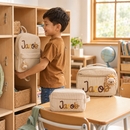 Custom name beige backpack lunch bag and pencil case set for kids