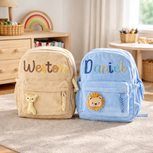 Custom embroidered toddler backpack styled in a cozy kids room