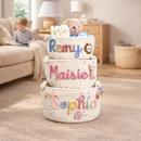 Handmade personalized nursery basket with soft cotton rope and yarn lettering