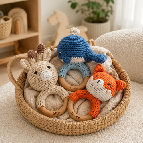 Crochet whale baby rattle with smooth wooden ring