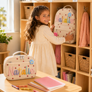 Personalized cream kids backpack and lunch bag set for preschool cubby storage