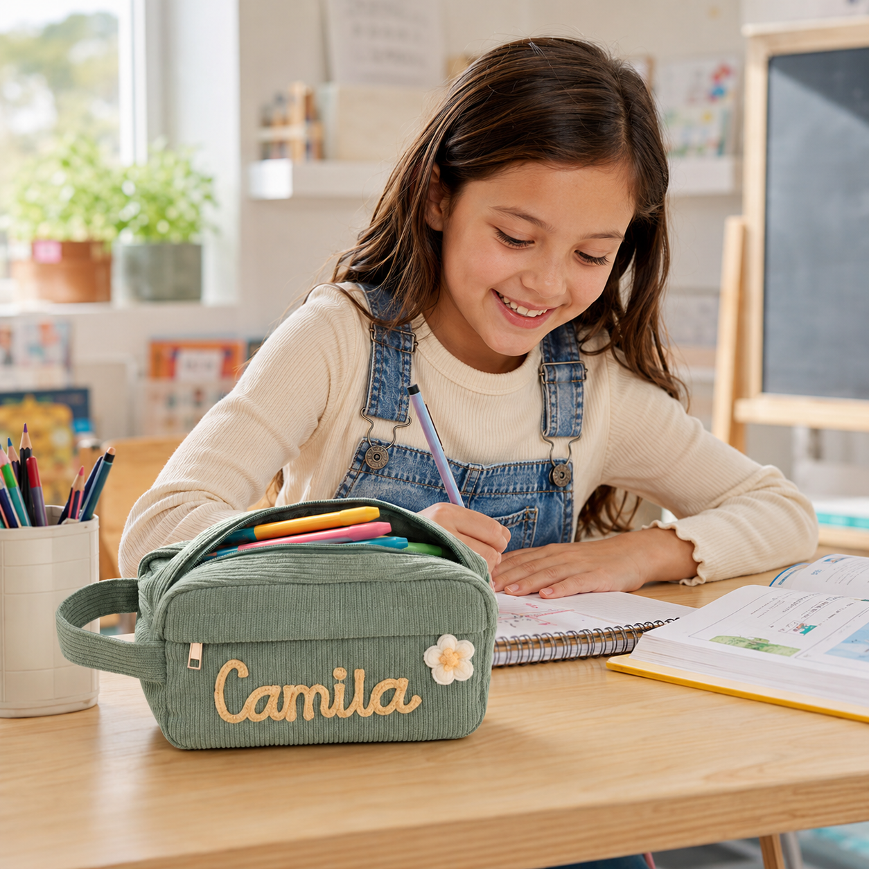 Personalized corduroy pencil pouch with raised name letters